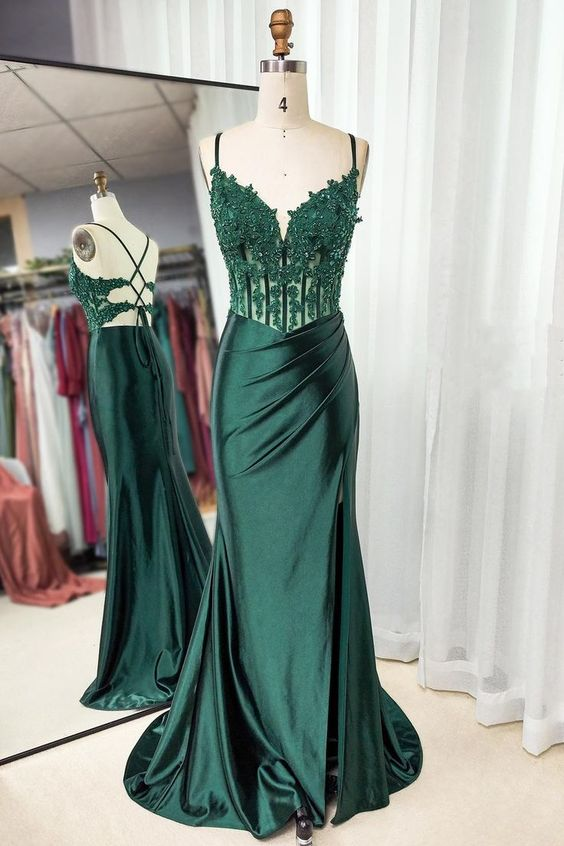 Green Mermaid Appliques Spaghetti Straps Ruched Prom Dress With Slit SH856