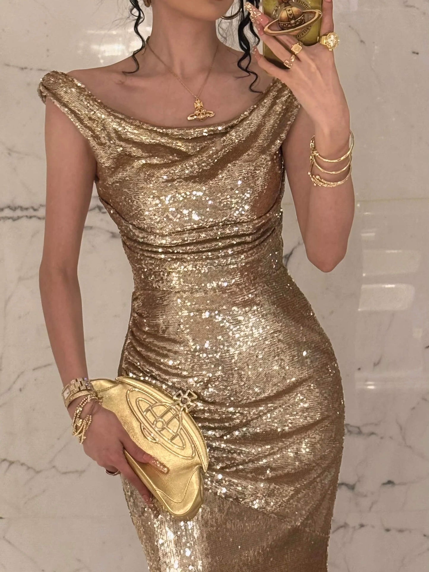 Sparkly Champagne Sequin Prom Dresses Mermaid Long Open Backs Maxi Gown with Slit