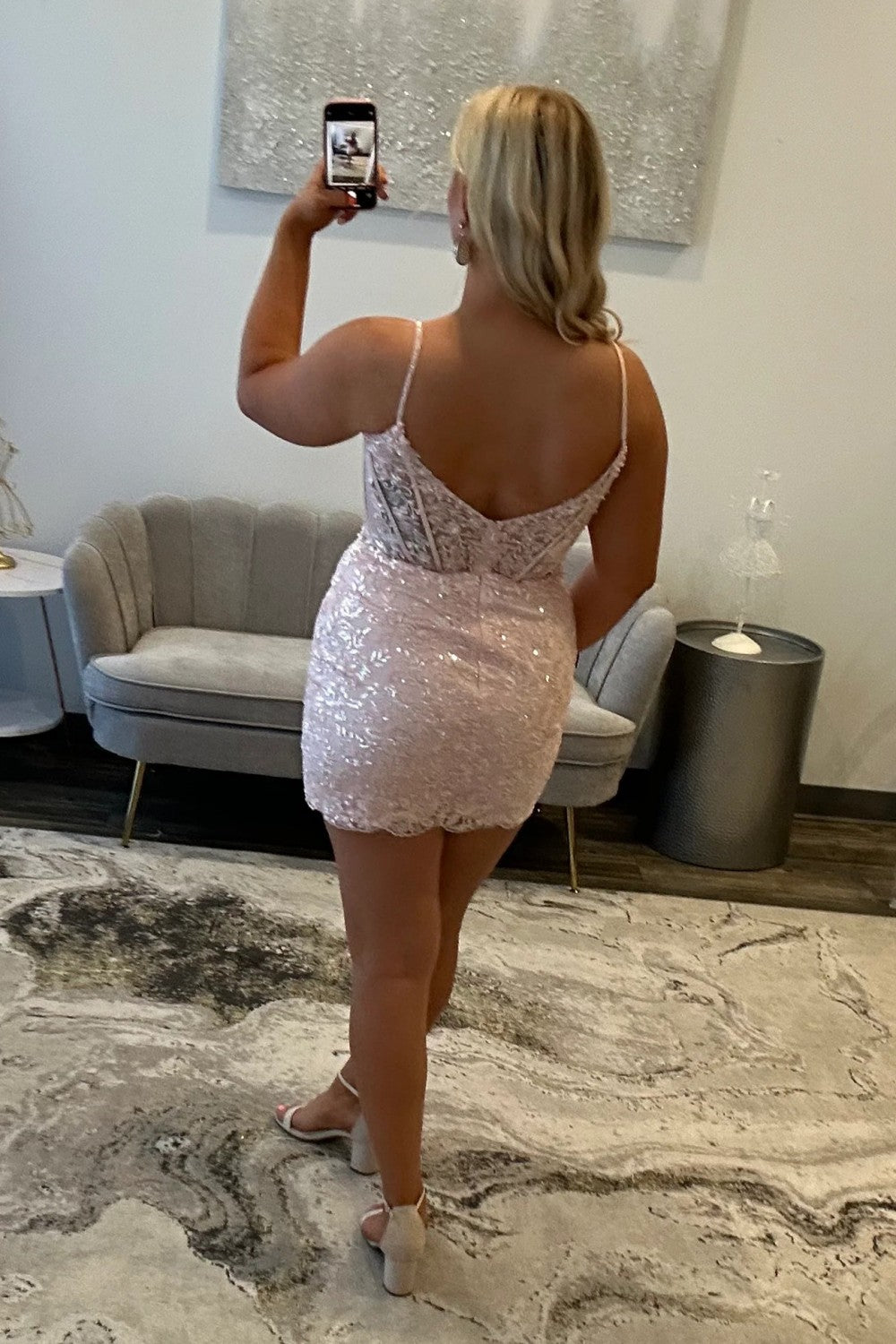 Sequin Lace Homecoming Dress with Spaghetti Straps and Keyhole Cutout