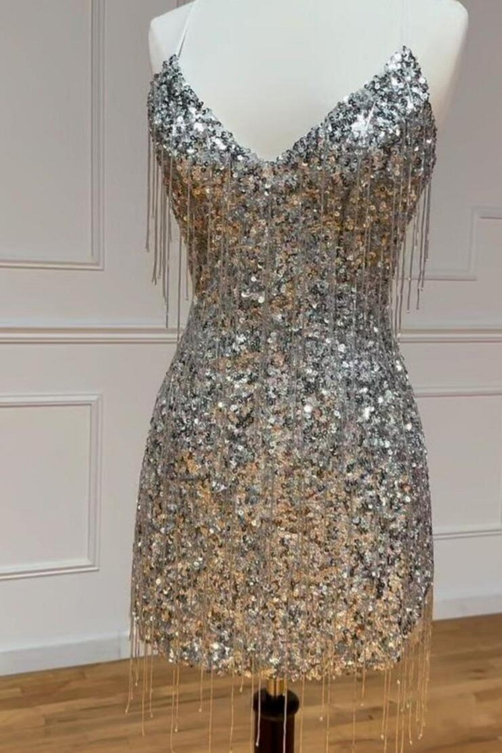 Silver V-Neck Glitter Sequin Homecoming Dress with Fringe Details