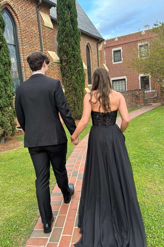 Strapless Black Appliques A-line Long Dress Chiffon Formal Dresses