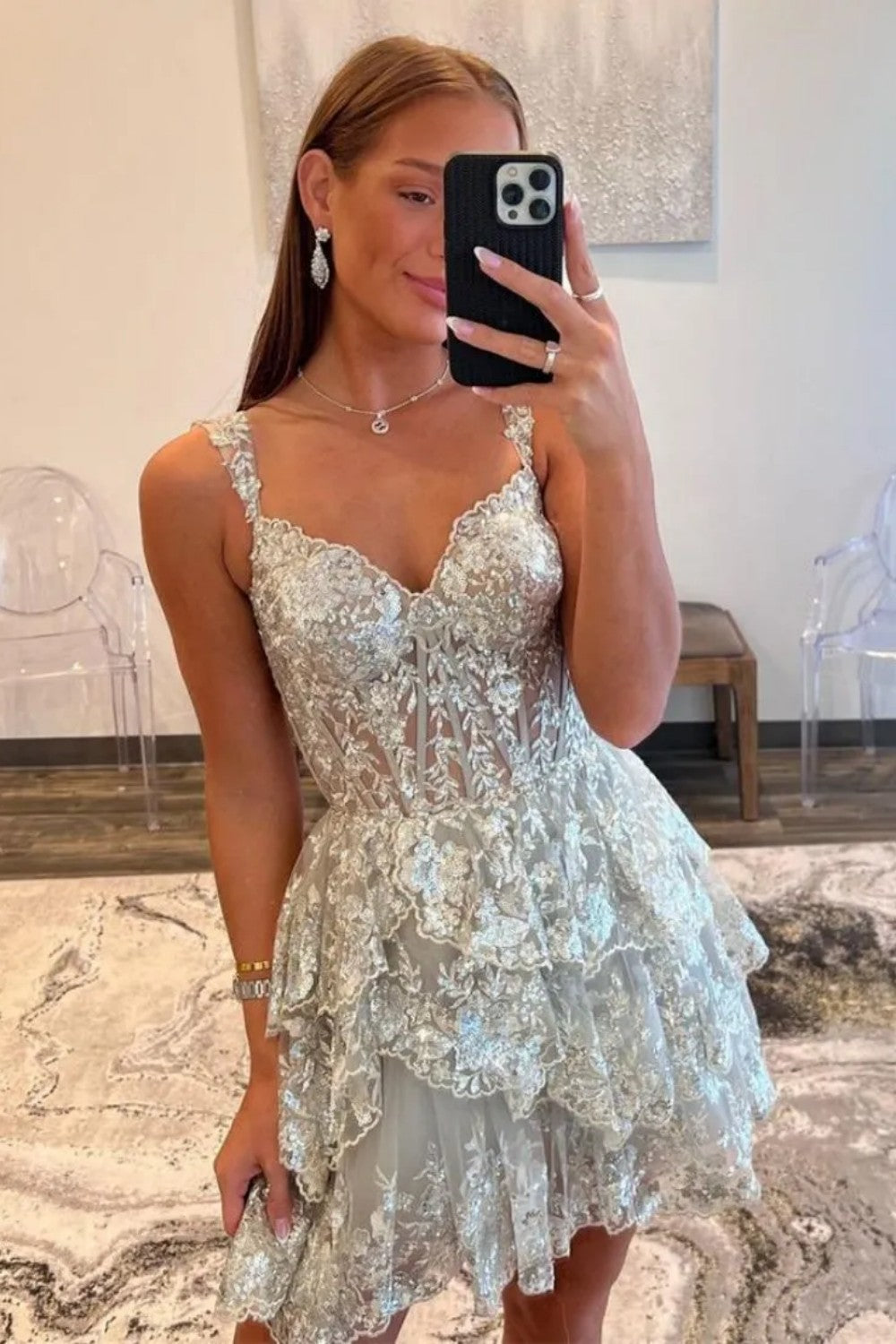 Stunning Off-Shoulder Sequin Lace Homecoming Dress with Corset Bodice and Tiered Skirt