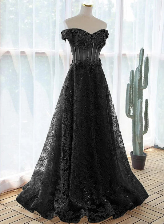 A-line Black Off Shoulder Long Lace Party Dress, Off Shoulder Prom Dress TP1116