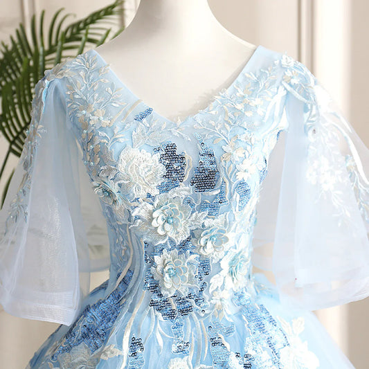 Light Blue Ball Gown V-neckline Puffy Sleeves Party Dress, Light Blue Sweetheart 16 Dress TP1141
