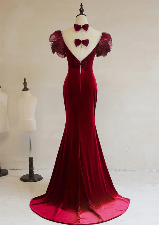 Wine Red Mermaid Long Velvet Wedding Party Dress, Wine Red Prom Dress Formal Dress TP1251
