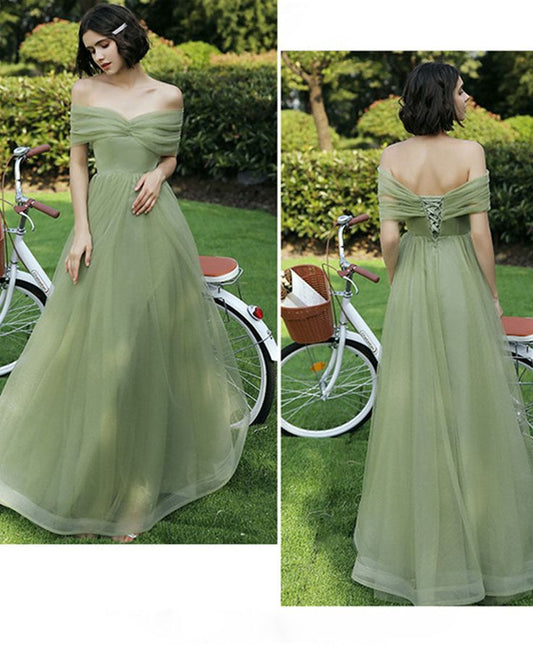 Simple green A-line tulle long prom dress, green formal bridesmaid dresses TP1778
