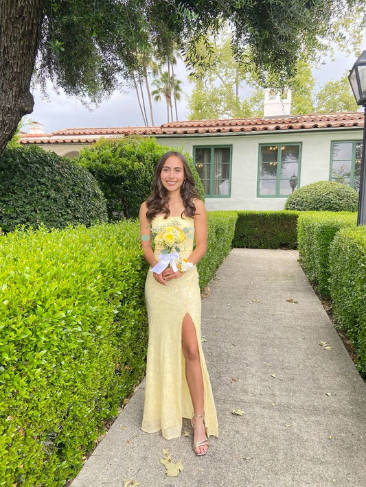 Elegant Yellow Spaghetti Strap Sleeveless Slit Mermaid Ball Gown Bridesmaid Dress TP2097