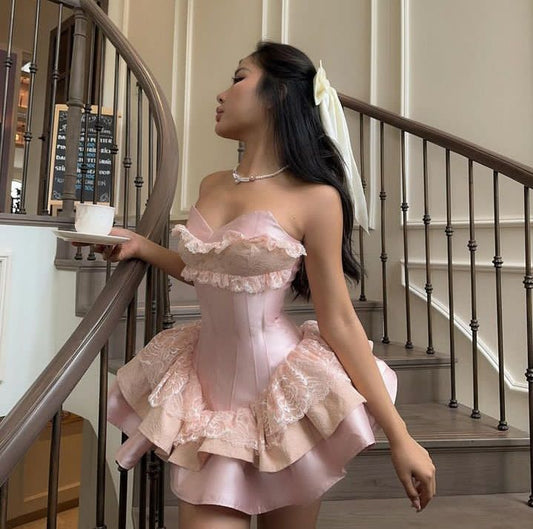 18th Birthday Sweet Pink Strapless Sweetheart Neck Lace Silk Satin Mini Birthday Dress Homecoming Dress TP2358