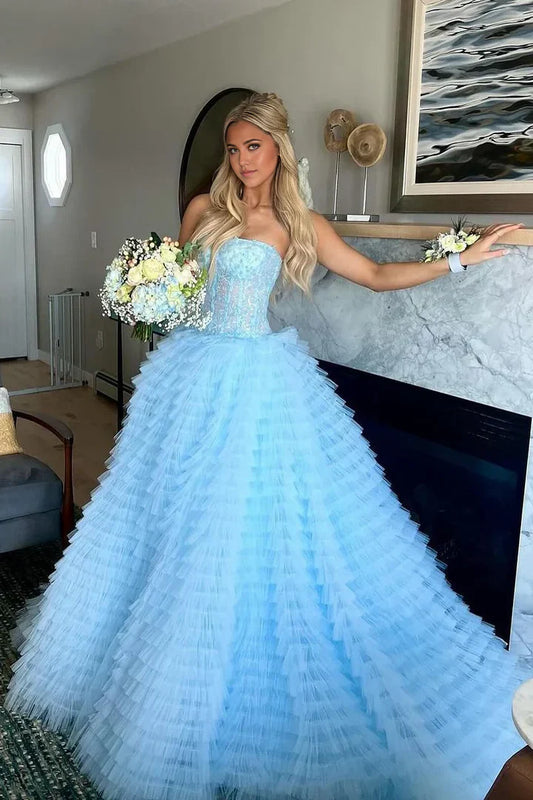 Gorgeous blue off-the-shoulder sleeveless A-line slit tulle layered floor-length prom dress bridesmaid dress TP2595