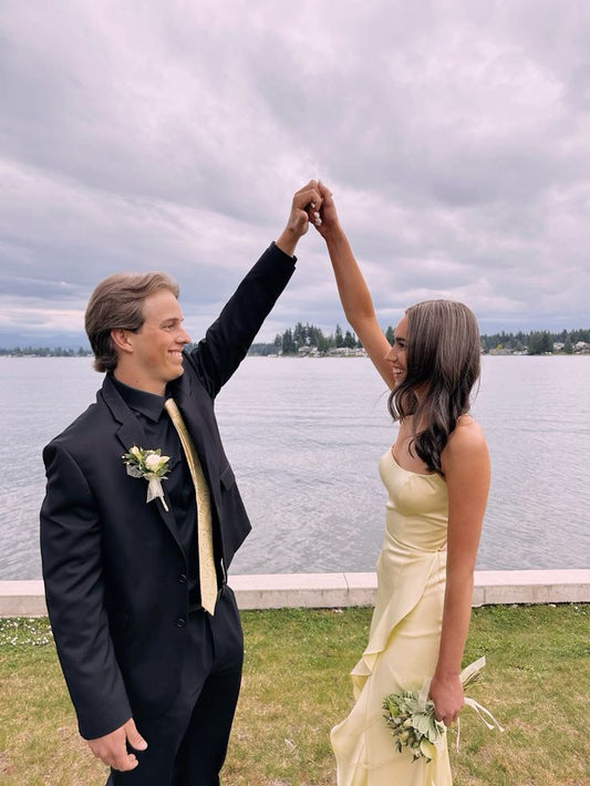 Simple Yellow Mermaid Slit Ruffled Prom Dress Bridesmaid Dress TP2615