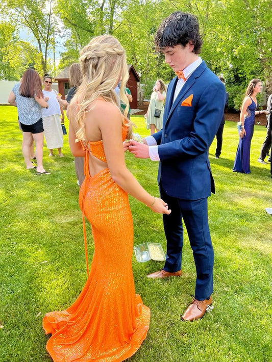 Gorgeous Orange V-neck Off-shoulder Sequin Mermaid Long Prom Dress Bridesmaid Dress TP2634