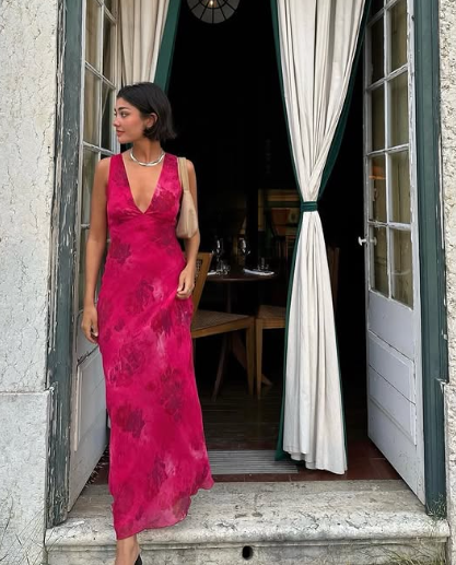 Charming Deep V Neck Satin Print Floral Long Evening Gown Prom Dress SH950