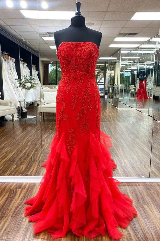 Ruffle Red Lace Prom Dresses Mermaid Tulle Long Formal Evening Dress SH827