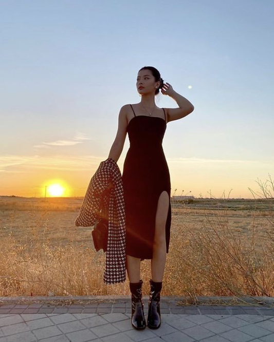 Vintage Spaghetti Strap Black Slit Party Dress,Formal Prom Dress SH687