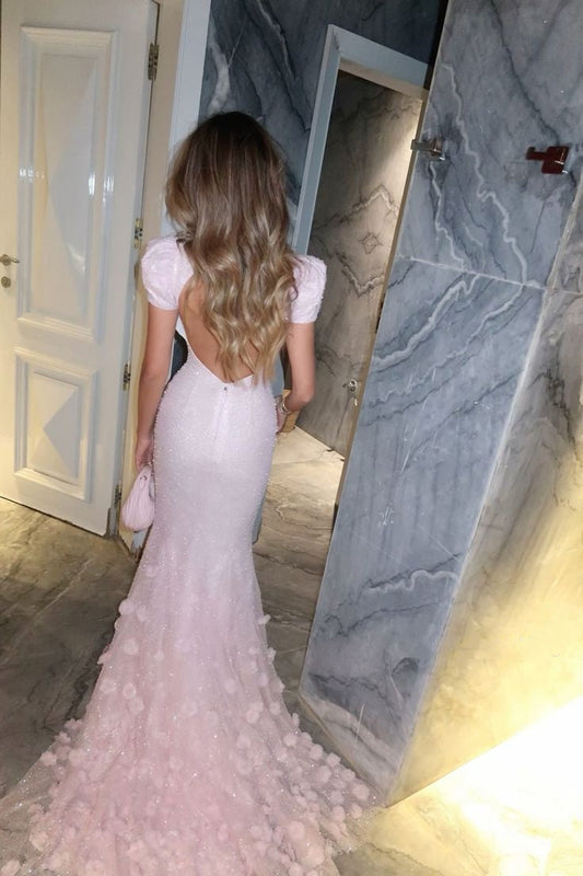 amakanas-Pink Shiny Exquisite Floral Floor-Length Trailing Retro Elegant Prom Dress Evening Dress gh5945