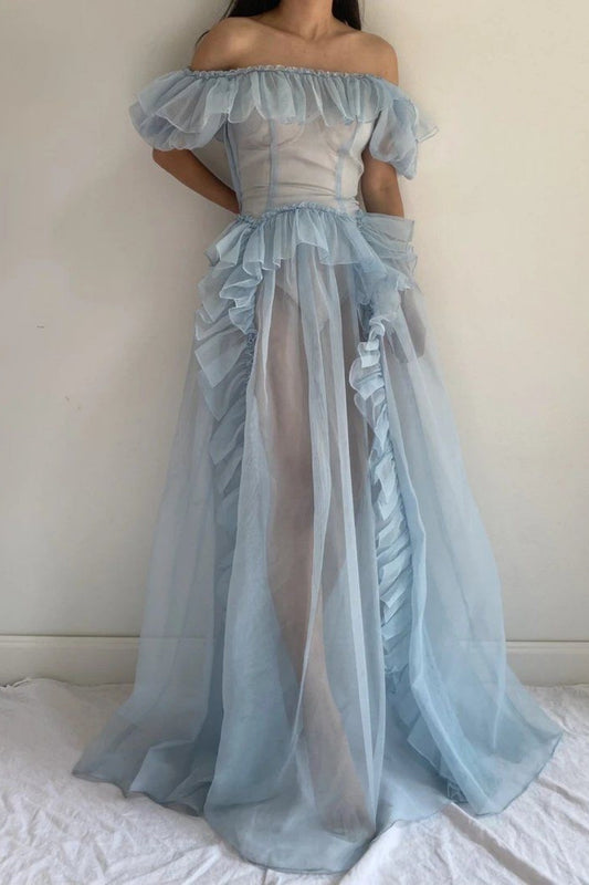 amakanas-Blue Romantic Tulle Gown Long Pastel Toned Fairytale Dress gh5970