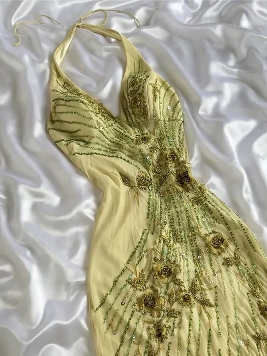 amakanas-Vintage Halter Gown, Hand-Beaded 3D Floral Embellished Irregular Hem Evening Dress gh5999