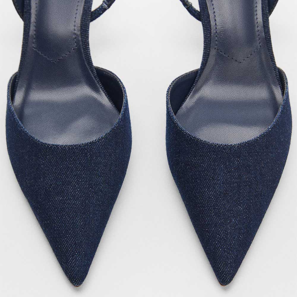 Dark Blue Denim Pointed Toe Kitten Heel Slingback Pumps for Women