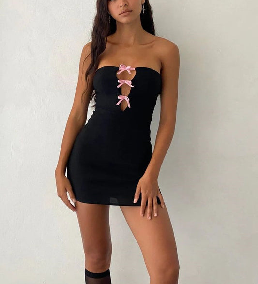 amakanas-Black and pink bow short satin homecoming dress gh5259