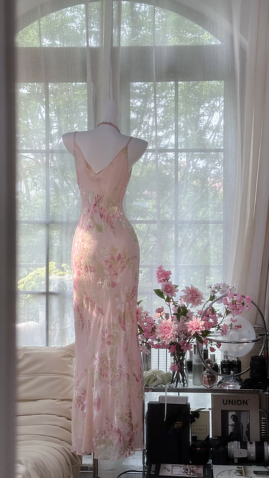 Retro Pink Floral Spaghetti Strap Romantic Chiffon Evening Dress Prom Dresses TP3984