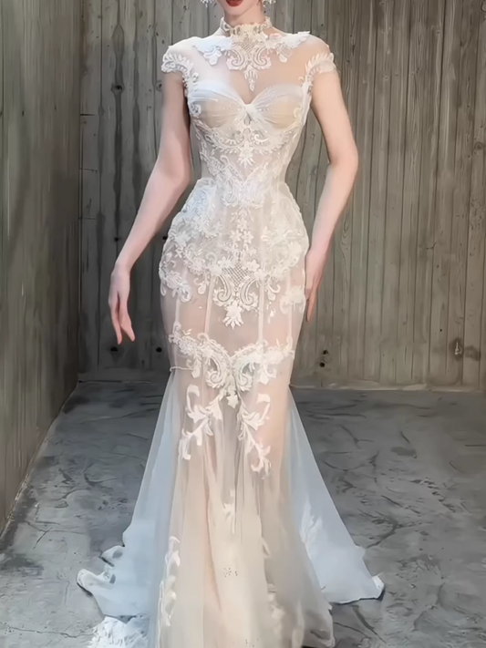 Elegant White Lace Beaded Applique Mermaid Cap Sleeve Long Wedding Dress TP5020