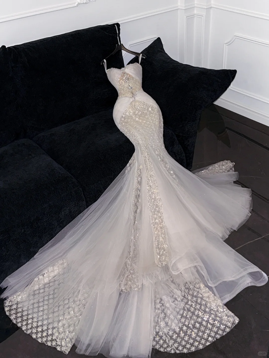 Gorgeous Ivory Sweetheart Tulle Sparkling Sequin Design Elegant Mermaid Floor-length Wedding Dress TP4170