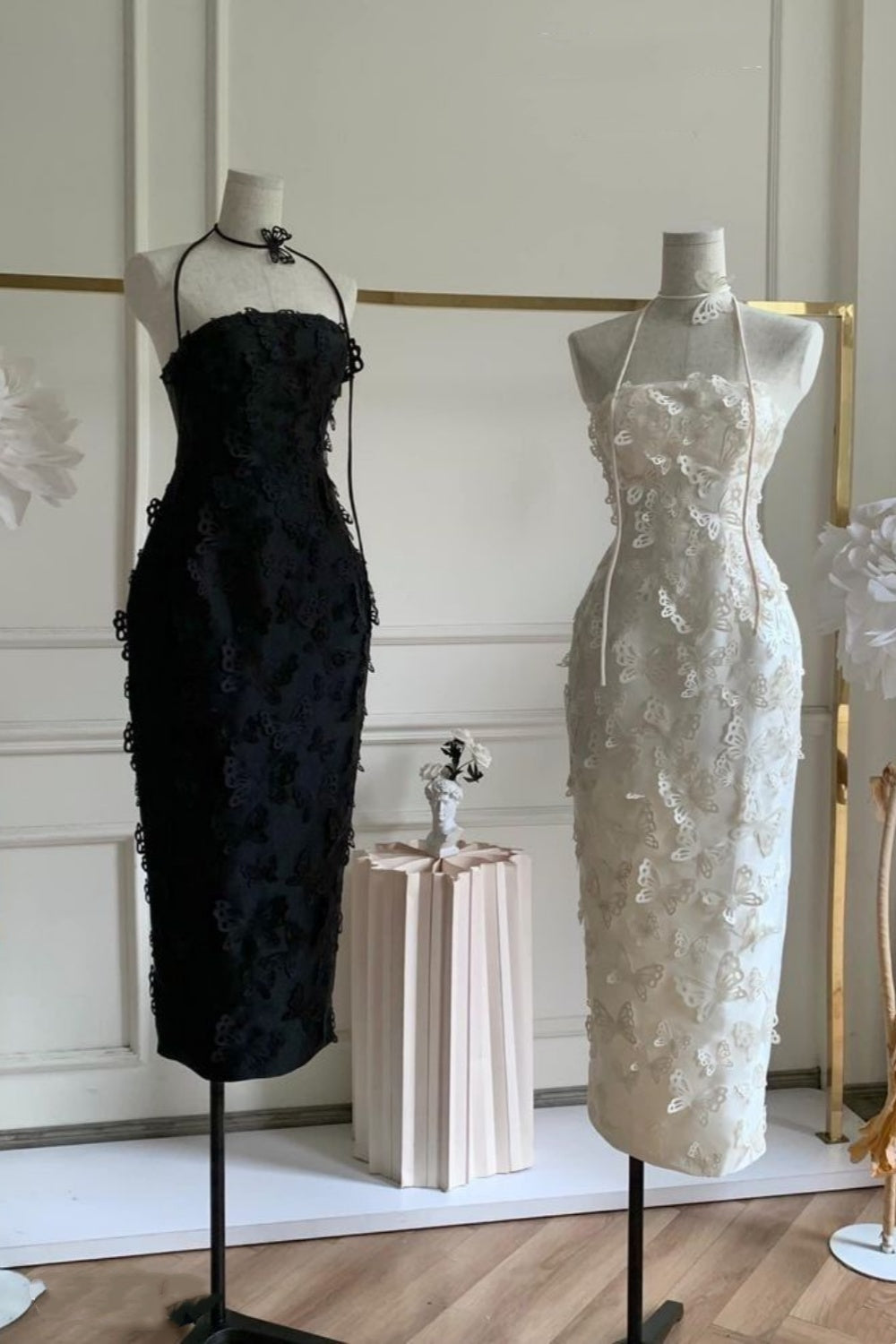 amakanas-Homecoming dress white/black butterfly applique mid-length satin prom dress evening dress gh5747