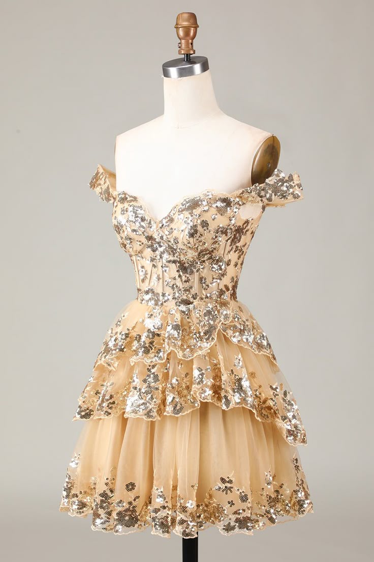 Vintage Golden Off-the-shoulder Design Short Evening Dress, A-line Sequins Corset Tiered Lace Homecoming Dress TP3398