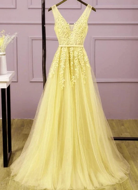 Long V-Neckline Lace Applique And Tulle Bridesmaid Dress, Yellow Prom Dress Party Dress cg10386