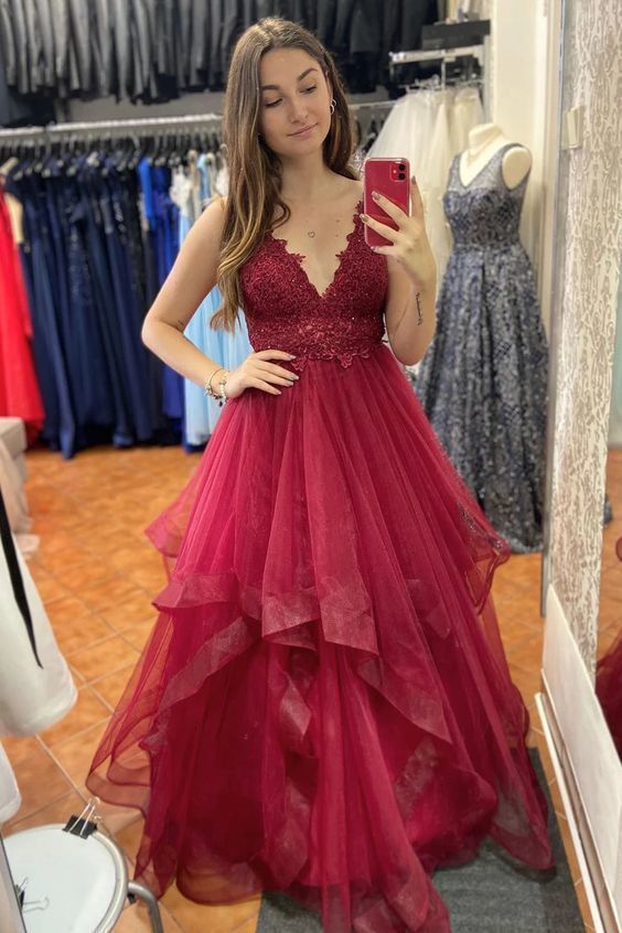 V Neck A-Line Ruffle Red Prom Dress cg10437