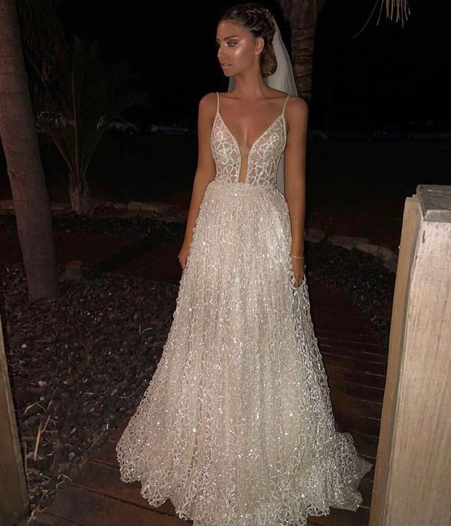 WHITE V NECK SEQUINS PROM DRESS EVENING DRESS cg10463