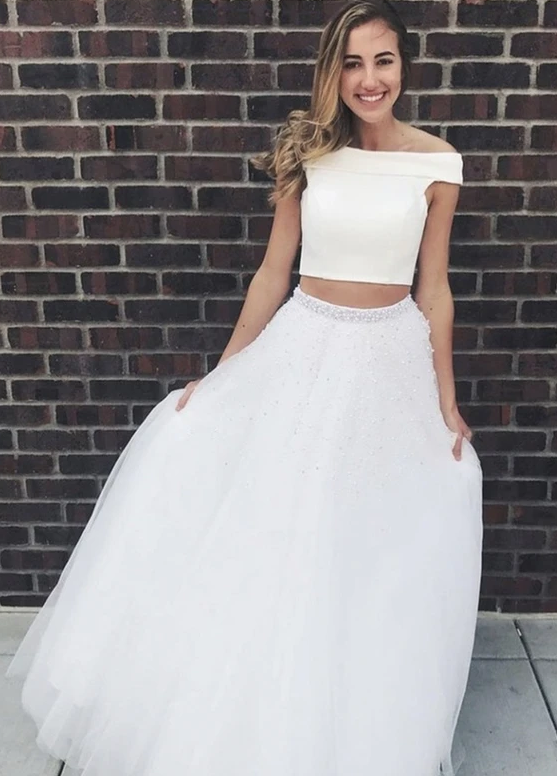 White tulle prom dress two pieces evening dress cg10785