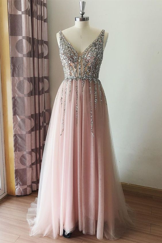 sparkle silver sequins pink tulle long formal dress prom dress cg11299