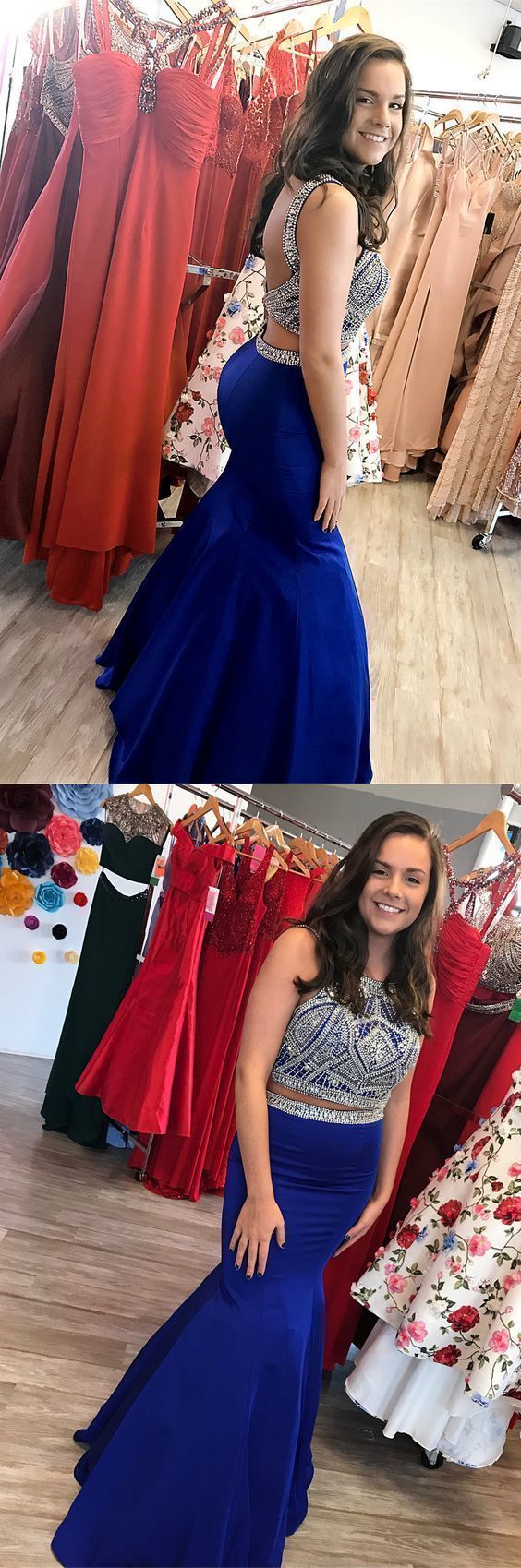 Sparkly Beaded Two Piece Prom Dresses, Royal Blue Satin Evening Party Gowns cg11534