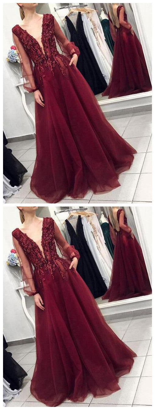 Elegant Deep V-neck Burgundy Backless Prom Dress With Long Puff Sleeves cg1164