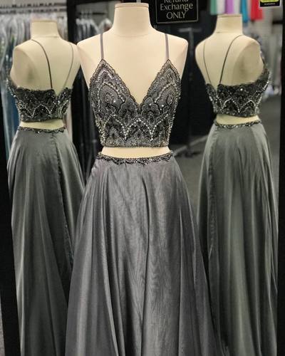 Two Pieces V-Neck Beaded A-line Long Gray Prom Dress cg11772