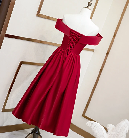 Beautiful Wine Red Tea Length Satin Bridesmaid Dress, Cute Short Prom Dress cg12205