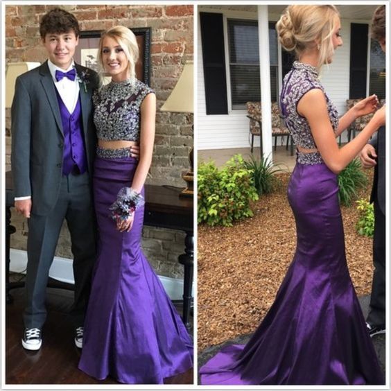 Purple Prom Dresses,Two Pieces Prom Dresses,Evening Dresses,Beaded Prom Dress,Mermaid Prom Dresses cg12243