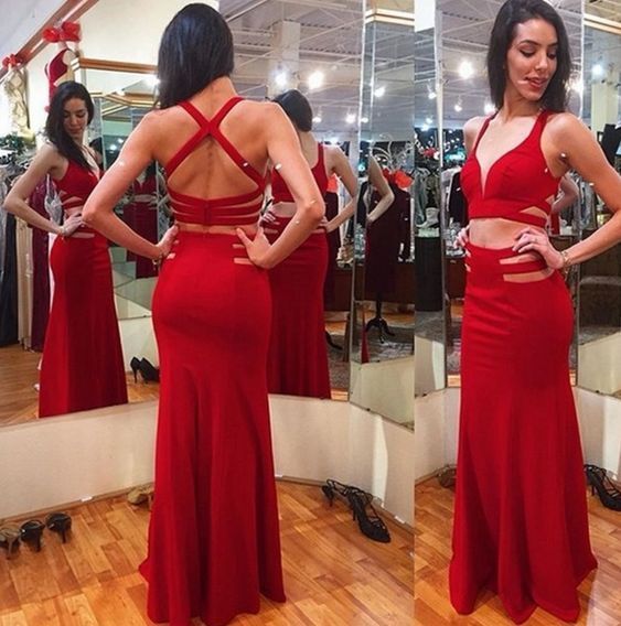 Two Piece Prom Dress,Red Prom Dresses,Long Evening Dress cg12660