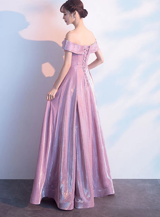Beautiful Off Shoulder Pink Shiny Long Bridesmaid Dress, Cute Prom Dress cg12692