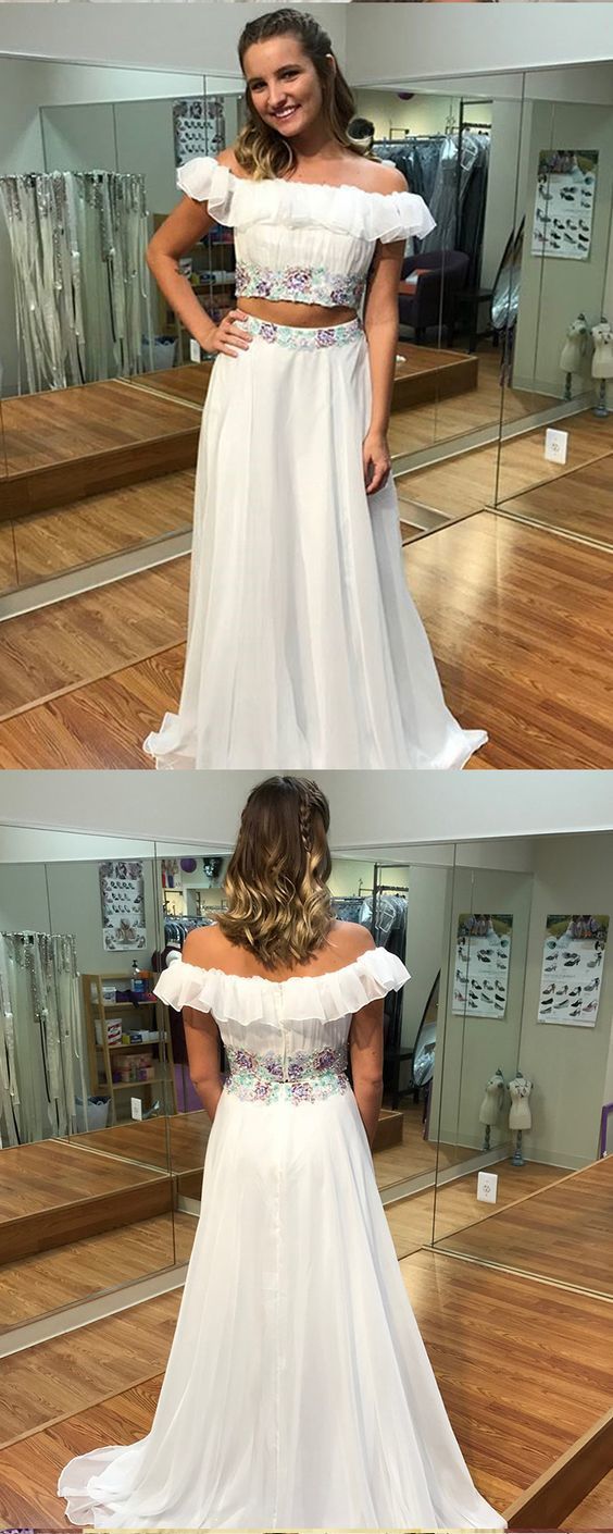 White Long Two Piece Off the Shoulder Chiffon Prom Dress cg12726
