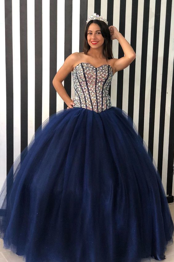 Sweetheart Navy Blue Beaded Long Quinceanera Dress long prom dress cg12778