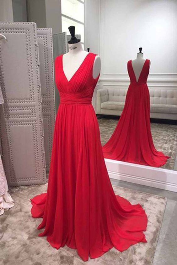 Simple red chiffon V neck long bridesmaid dress, red prom dress cg13067