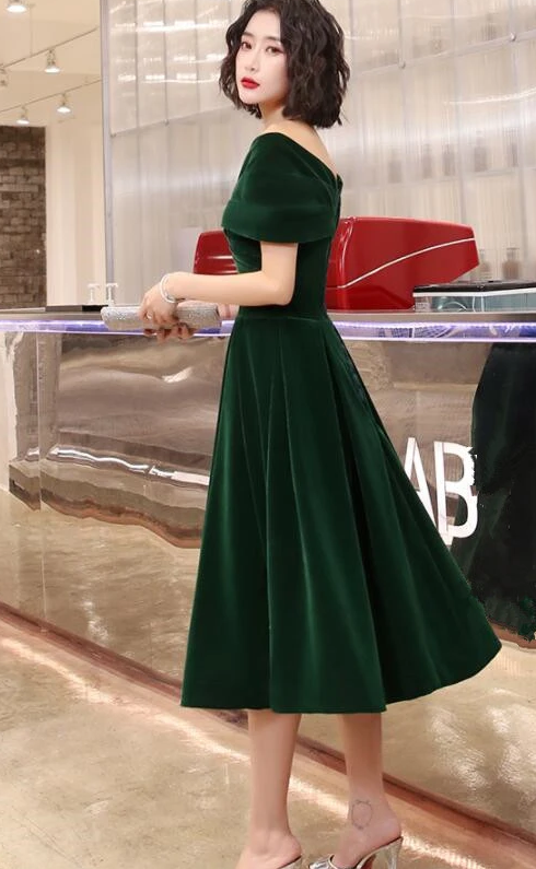 Green Tea Length Velvet Off Shoulder Party Dress, Green Bridesmaid Dress prom dress evening dress cg13073