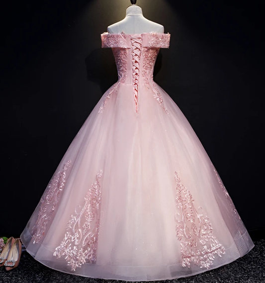 Pink Ball Gown Long Tulle Party Dress, Off Shoulder Prom Dress cg13082