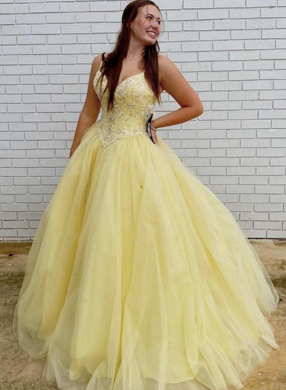 Yellow tulle beads long ball gown prom dress formal dress cg13131