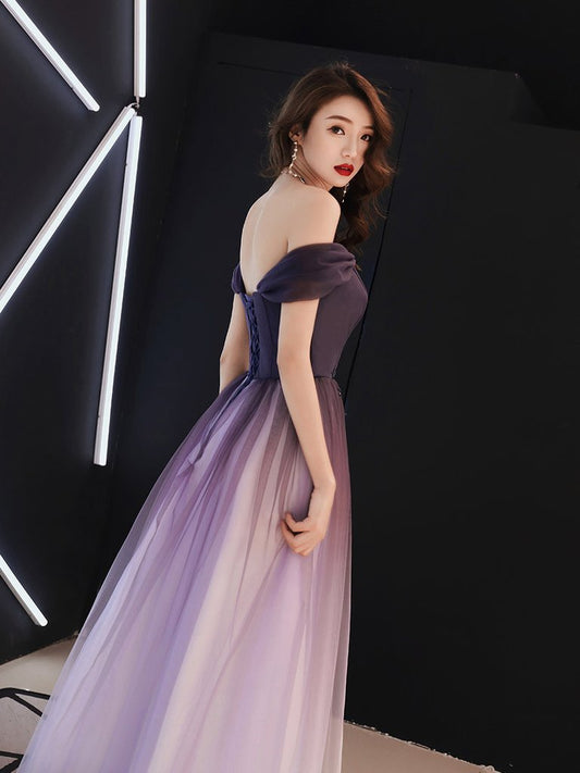 Beautiful Light Purple Gradient Tulle Long Formal Dress, Off Shoulder Prom Dress cg13341