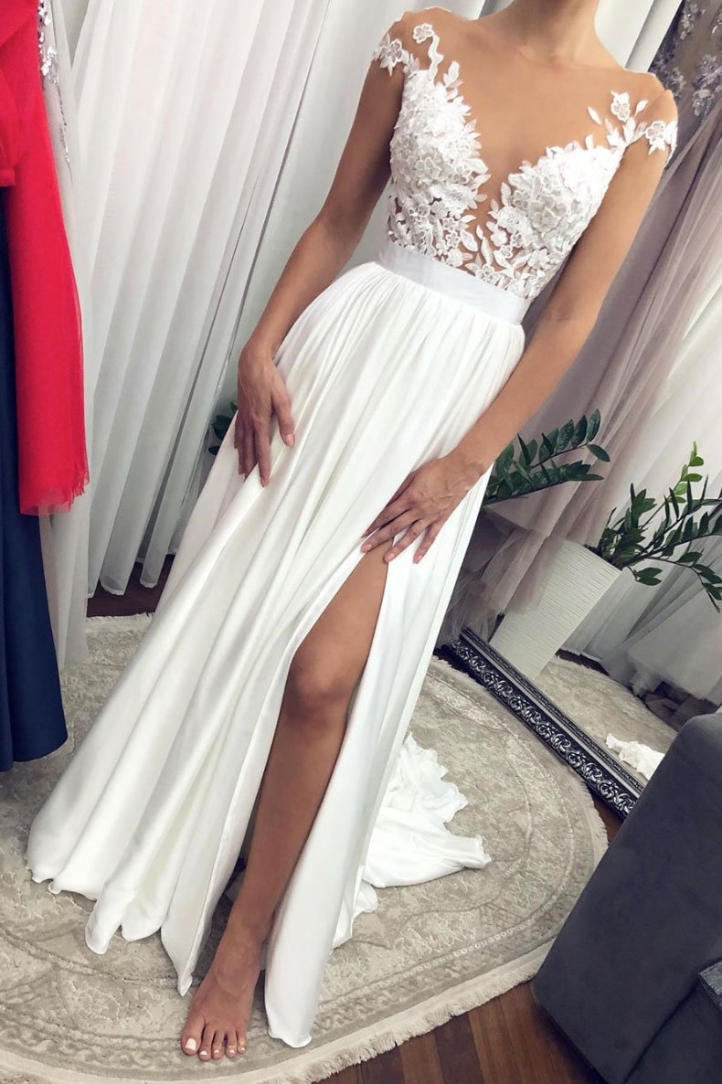 White round neck lace long prom dress white lace bridesmaid dress cg13447