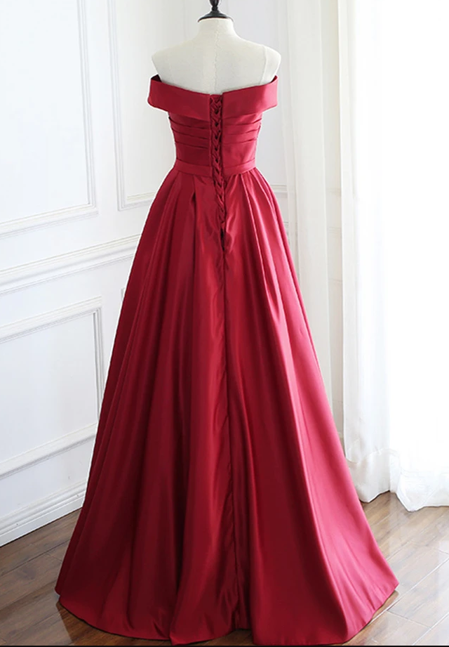 Wine Red Satin Floor Length Party Dress, A-Line Off Shoulder Prom Dress cg13504