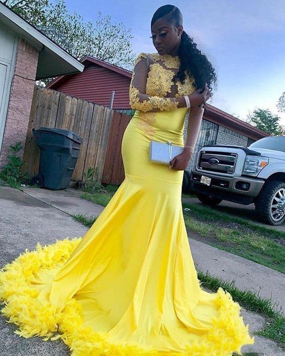 Yellow Mermaid Prom Dresses New Feathers Long Sleeves Dubai Evening Dress Elastic Satin Party Pageant Gowns cg13541